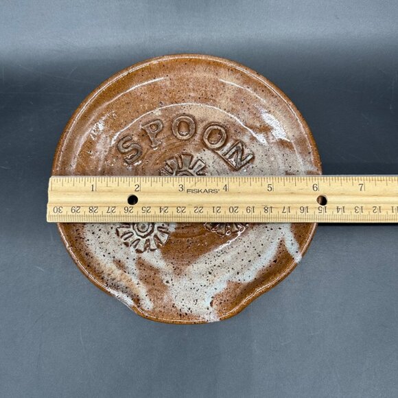 Vintage Art Pottery Spoon Rest Flower Power Daisy Stoneware Brown Drip Glaze - Picture 7 of 8